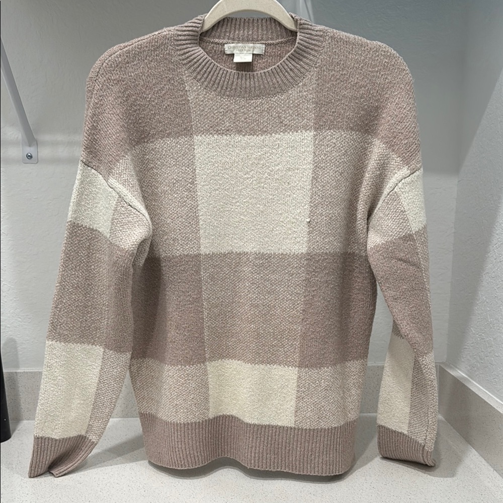 Christian Siriano Beige and Cream Plaid Sweater